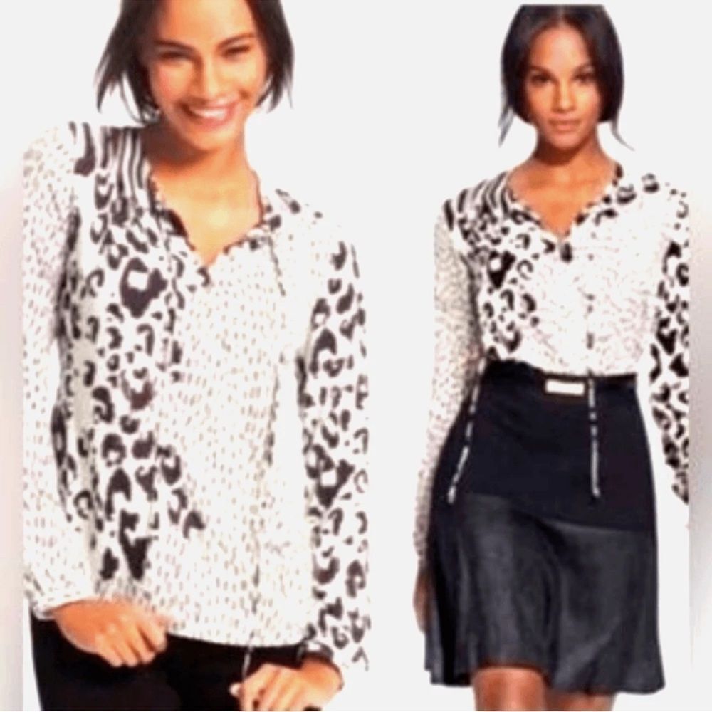CAbi Black and White Animal Print Wrap Long Sleeves Blouse Size S